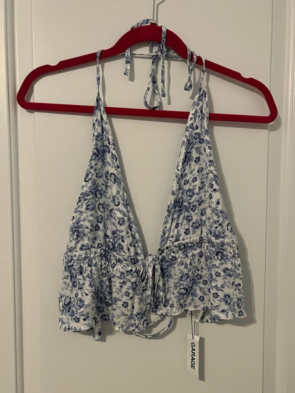 Garage Blue and White Floral Tie-Front Halter Crop Top